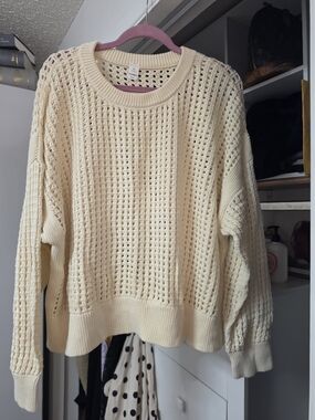 Women’s Cream Open-Knit Crewneck Sweater